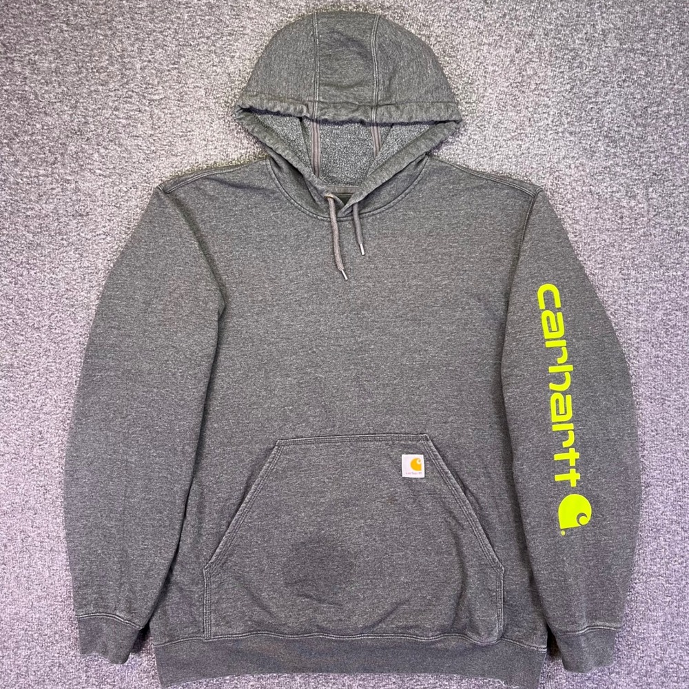 Carhartt Hoodie Mens L Gray Loose Workwear K288 Logo Sleeve Neon Graphic Utility